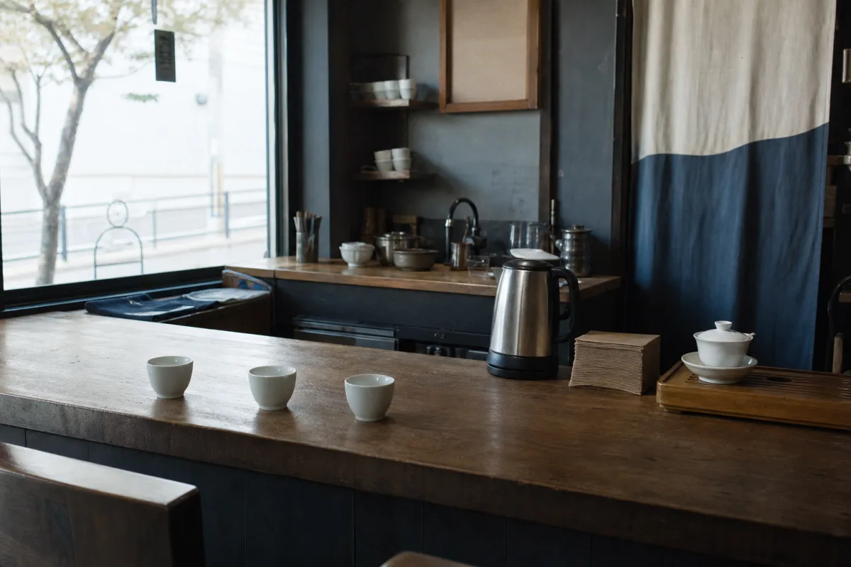 Tea bar counter with waiting cups and a gaiwan &middot; Rou Gui, Wuyi 2024