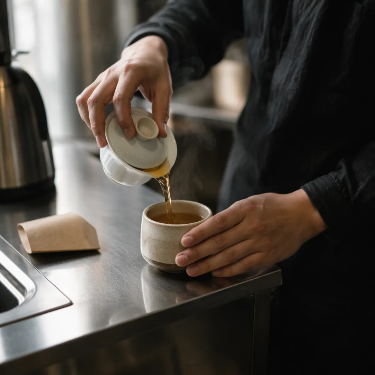 Brewed tea poured from a gaiwan into a cup at the counter &middot; Tieguanyin, spring 2026