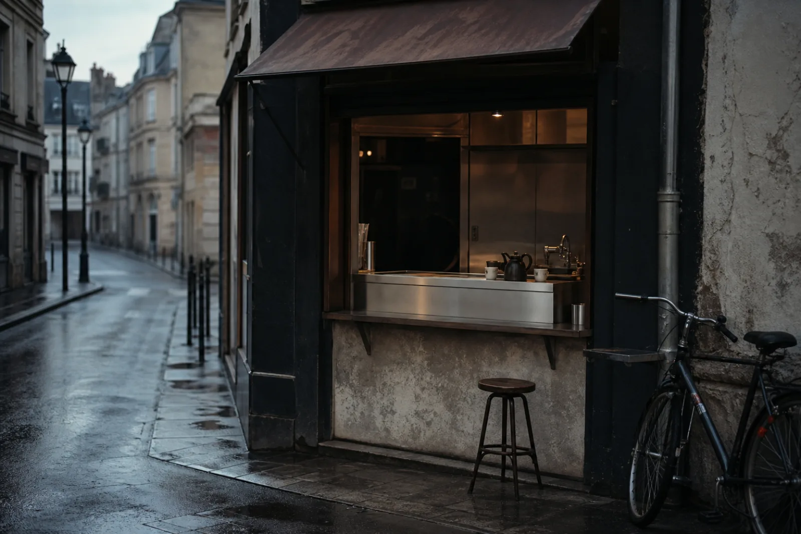 A small franchise tea bar's street-level service window at dawn on a quiet European street
